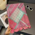 Sciarpa rettangolare a motivi geometrici rosa e verdi con nappe su vassoio elegante - Stampa Floreale Multicolore / 180*70cm