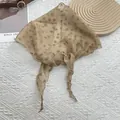 Foulard vintage francese in tulle kaki con stampa floreale e bordi ondulati su bianco - 28*115cm / caffè