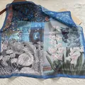 Macro detail of breathable silk-like floral square scarf with vintage botanical prints - Hyacinths