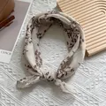 Floral cotton linen square scarf in beige with brown prints for women neck decor - Off White