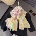 Lightweight floral and geometric striped scarf with small tassels for sun protection - 180x90cm / Colorful Floral