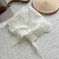 Minimalist tie-dye plaid linen triangle scarf with textured fabric and wavy edges - White