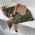 Detail of olive green and dusty pink linen scarf with delicate crochet lace edging - Crochet Lace Triangle Scarf / Army Green And Orange