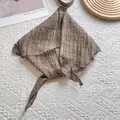 Brown checkered linen triangle scarf with pleated texture for neck and hair styling - Coffee