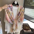 Scialle in cotone e lino con stampa a piume colorate per protezione solare e stile mare - Stile con Bordo in Pelliccia / 180*90CM