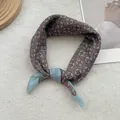 Silk-like floral cotton linen square scarf with vintage geometric patterns for women - Azure Blue