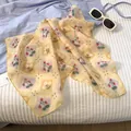 Detail of a light yellow square scarf with strawberry and floral prints for summer - 58x58cm / Strawberry Style
