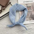French vintage blue plaid cotton scarf presented as a stylish neckerchief for women - 58x58cm / Blue