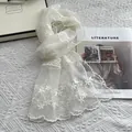 Elegant white lace shawl with floral embroidery and scalloped edges on knit background - 140*30cm / Off White