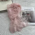 Elegant light pink lace scarf with floral embroidery and pearl details on white background - Pink