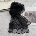Close-up of black floral lace scarf with delicate embroidery and scalloped edges - 140*30cm / Black