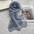 Detailed embroidery and white pearls on blue lace scarf with floral mesh texture - Blue