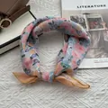 Floral linen cotton square scarf with pink and blue pastoral prints for women - Medium / Yellow