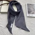 Linen checkered skinny scarf in dark blue and beige with vintage aesthetic - Navy Blue Geometric