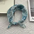 Teal paisley print cotton linen small square scarf with stylish knot on knit background - 58*58cm / Blue Green Paisley (Green Floral)