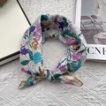 Detailed view of floral cotton linen scarf with yellow hem edges and soft floral patterns - 58*58cm / Rainbow Flower