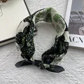 Detail of floral cotton linen neck scarf featuring a delicate green and white daisy pattern - 58*58cm / Black Green Flower