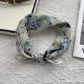 Detail of grey-green cotton silk scarf with vintage floral patterns on a white texture - 58*58cm / Green with Flower