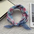 Detail of floral silk scarf with pink and blue blossoms and neat edge stitching - 58x58cm / Ink Flower