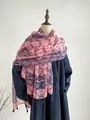Detailed close-up of bohemian floral scarf with soft cotton texture and ethnic tassels - 180x60cm / Pink and Blue Floral