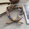Floral print silk scarf with gold lace trim and vintage botanical pattern for women - Square Style / Blue