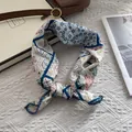 Vintage paisley pattern cotton linen scarf with blue lace trim edge for women - Blue