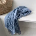 Detail of light blue cotton linen scarf with elegant lace hollow embroidery edges - Blue