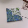 Detail of vintage floral pattern cotton linen square scarf with blue and green motifs - Cockscomb Blue