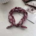 Detail of burgundy cotton linen scarf with white leaf print and lace crochet edge - Bandana / Red