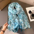 Blue watercolor cotton linen scarf with tassel fringe for travel sun protection - Light Blue Print Tassel Style / 180x90cm