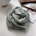 Detailed view of sage green linen scarf with fine grid texture and frayed edges - Gray Green Micro Plaid Style / 90x200cm / Green