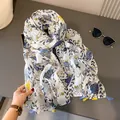 Linen cotton owl print scarf with vibrant blue and yellow tassels for summer sun protection - 180x90cm / Colorful Owl Print