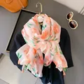Peach print linen feel scarf for women with pink and green tassels for sun protection - Peach Print Tassel Style / Extra Large