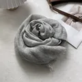 Detailed view of light grey linen scarf fabric texture and natural fringed edges - Light Gray Cotton Linen Style / 90x200cm / Gray