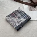 Detailed close-up of retro plaid and floral patchwork cotton linen scarf on plush mat - 58*58cm / Dark Gray Lace Floral
