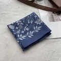 Detail of blue floral cotton linen square scarf with white botanical pattern print - Olive Branch