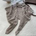 Detail of light brown pleated scarf with white wavy stitched edges on soft background - 90x90cm / Khaki