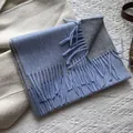Detailed texture of high-quality wool scarf with soft fringe tassels and bicolor design - 180*30cm / Lake Blue and Light Gray