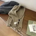 Ribbed wool balaclava scarf featuring black double buttons and matching drawstrings - Camel