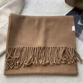 Detail of camel wool scarf with fringe and 100% WOOL label on soft woven fabric - Tobacco Coffee