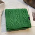 Detail of 100% pure wool scarf showing chunky knit pattern and authentic care label - Green