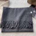 Detailed macro view of 100% pure wool scarf texture with elegant fringe and wash label - Dark Heather Gray