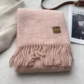 Pink mohair blend scarf with long tassels and leather label for winter warmth - Pink / 180*30cm