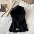 Dettaglio del passamontagna in maglia nera con interno in pelliccia, bottoni e coulisse - Nero