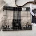 Classic beige and black checkered 100% Australian wool scarf with tassels - 180x30cm / Off White