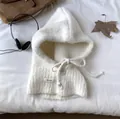 White knitted balaclava with buttons and drawstrings for winter warmth protection - Off-white