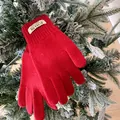 Detail of red knit gloves with brand label hanging on a snowy Christmas tree branch - Red