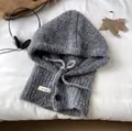 Dark grey knitted balaclava with adjustable drawstring and warm ribbed texture - Dark Gray