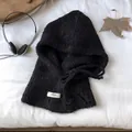 Knitted black Balaclava hat with button closure and fleece texture for winter warmth - Black