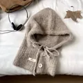Oatmeal knit balaclava hoodie with button closure and drawstring in a cozy flat lay - Mocha